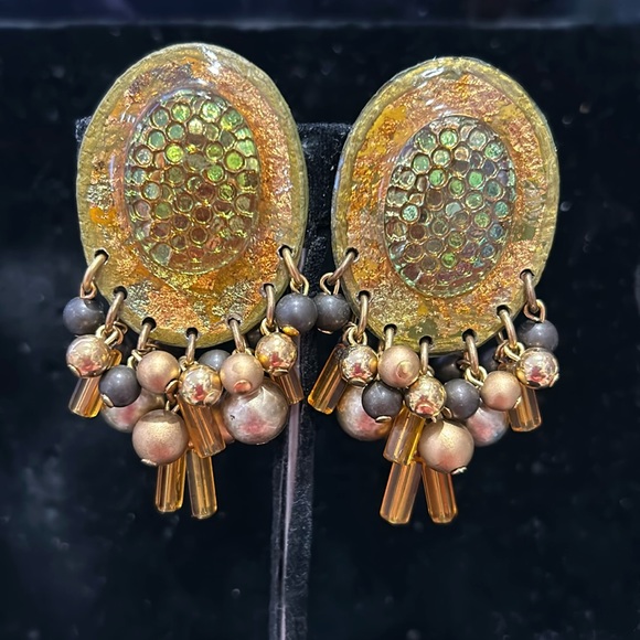 Vintage IKARAMI Iridescent Amber And Gold Beaded Earrings-Boutique - Picture 2 of 7